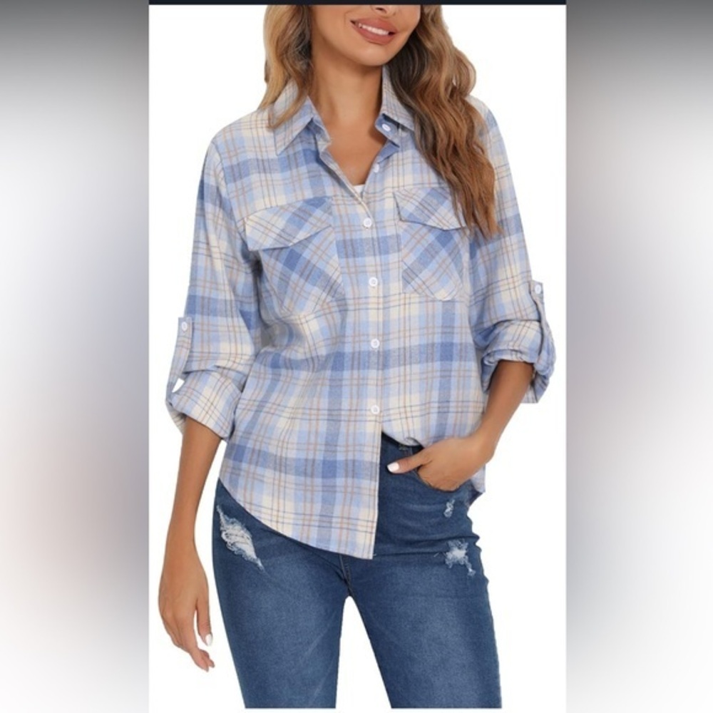 Blue & White Button Down Plaid Shirt with Notched Collar - Size Large NWT